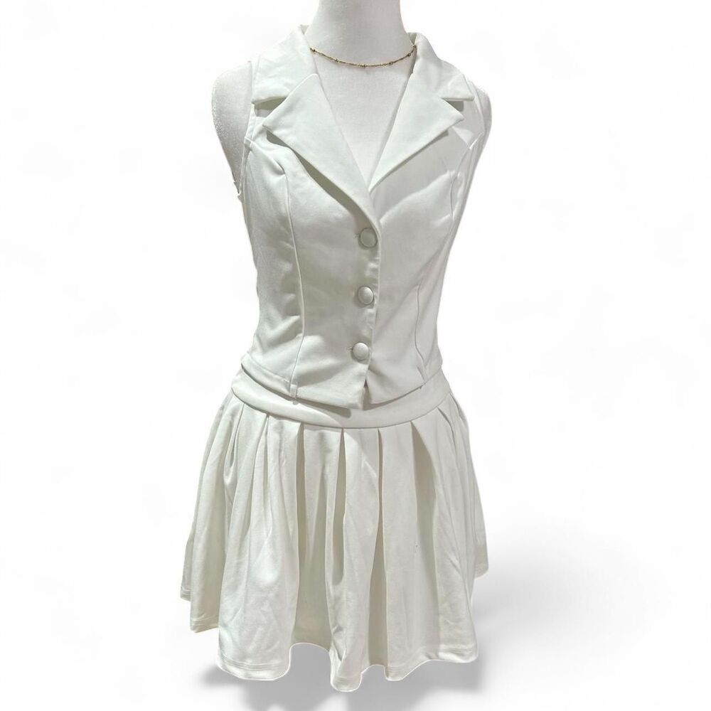 White Two-Piece Vest and Pleated Skirt Set